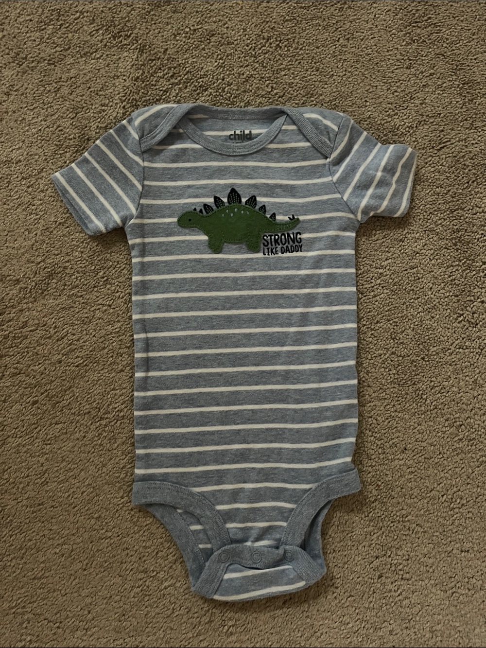 🍼child of mine Blue & White Striped Bodysuit with Green Dino Patch🍼